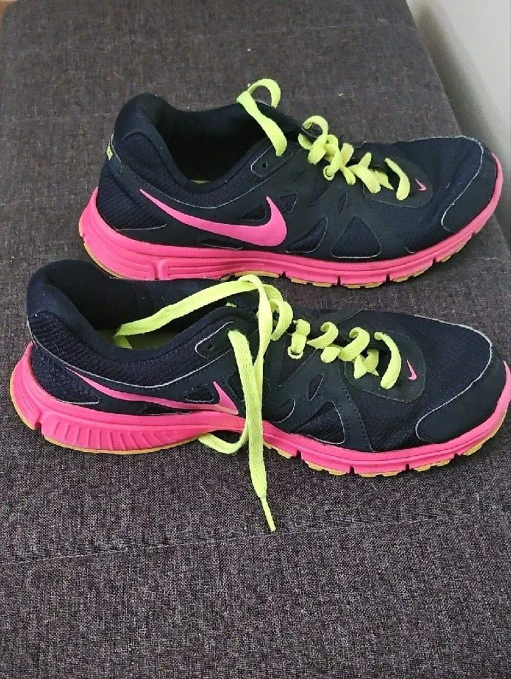 Nike Black Sneakers with Pink Swoosh and Neon Yellow Laces